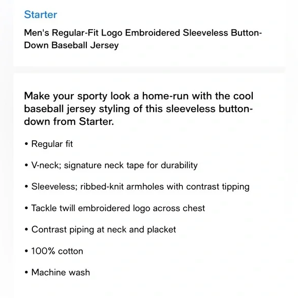 Starter Men's Logo Embroidered Sleeveless Button-Down Baseball Jersey White- NWT - Picture 5 of 5